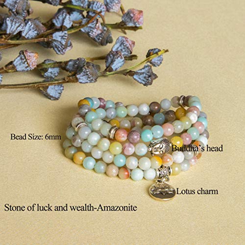 Bivei 108 Mala Beads Bracelet - Genuine Gemstone Mala Prayer Beads Lotus Charm Meditation Necklace-Amazonite
