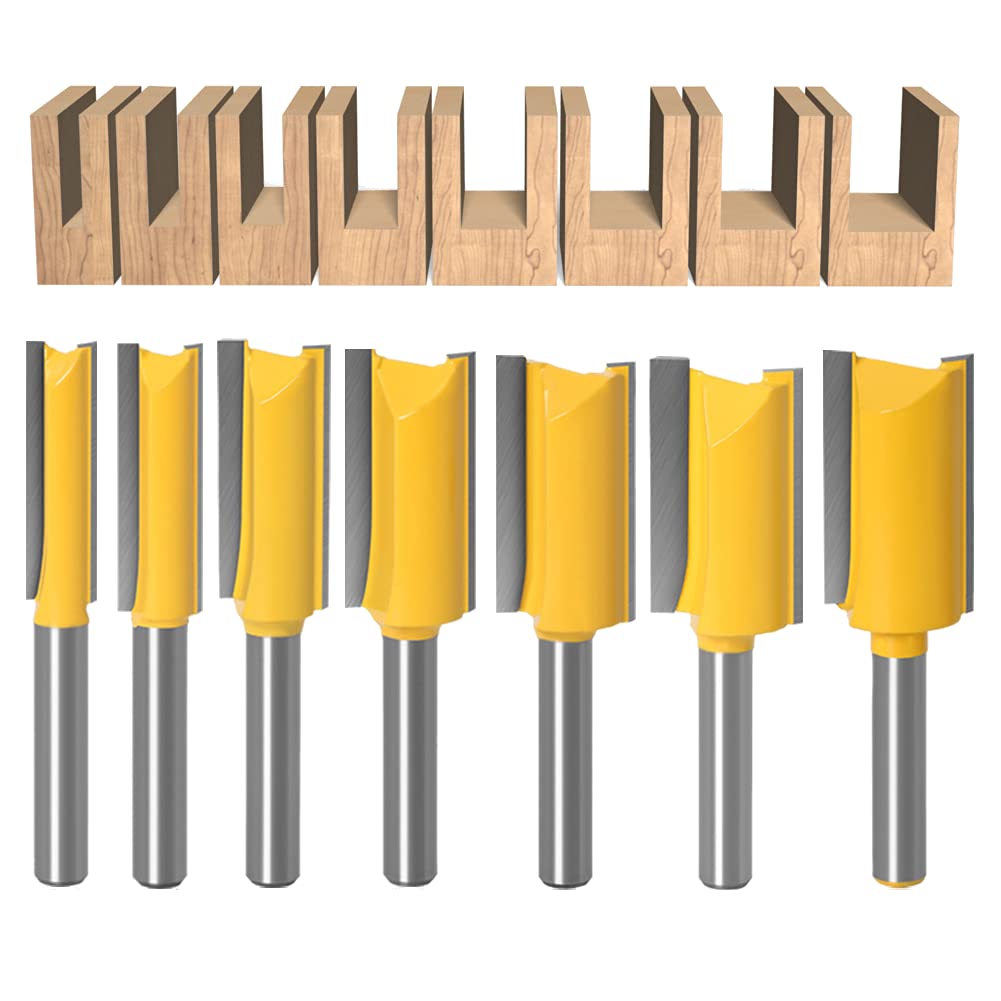 WSOOX 1/4 Inch Shank Straight Router Bit Set, 7 pcs Straight Milling Cutter Woodworking Slotting Router Bits