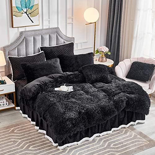 JAUXIO Luxury Long Faux Fur Bedding Set Shaggy Comforter Duvet Cover with Pillow Sham Ultra Soft Crystal Velvet Reverse (Black, Queen)