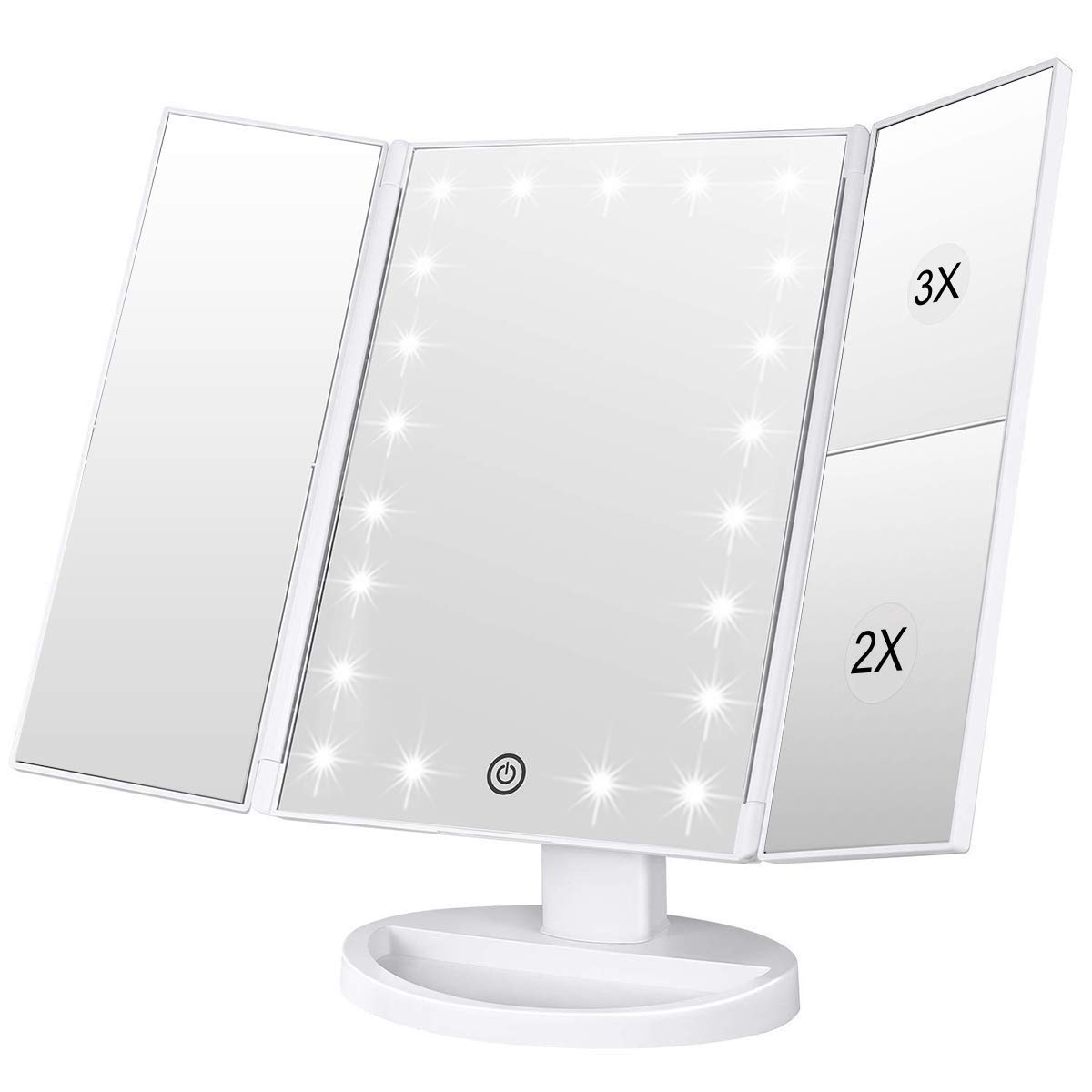 WEILY Makeup Mirror, 1x /2x/3x Trifold Makeup Mirror with 21 LED Lights and Adjustable Touch Screen Mirrors Cosmetic Countertop Mirrors (White)