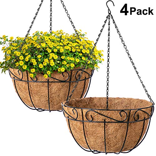 4 Pack Metal Hanging Planter Basket With Coco Coir Liner 12 Inch Round Wire Plant Holder With Chain Porch Decor Flower Pots Hanger Garden Decoration Indoor Outdoor Watering Hanging Baskets