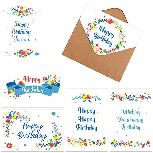 60 Assorted Happy Birthday Gift Cards, Folded Birthday Greeting Blank Note Cards - 6 Floral Designs - Includes 60 Cards in Bulk Box with Brown Kraft Paper Envelopes, 4 x 6 inch for Children and Adults