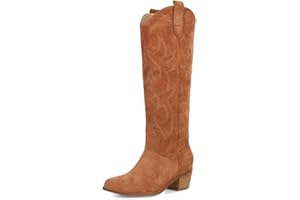 Erocalli Cowboy Boots for Women Embroidered Pull-On Chunky Stacked Heel Cowgirl Knee High Western Boots