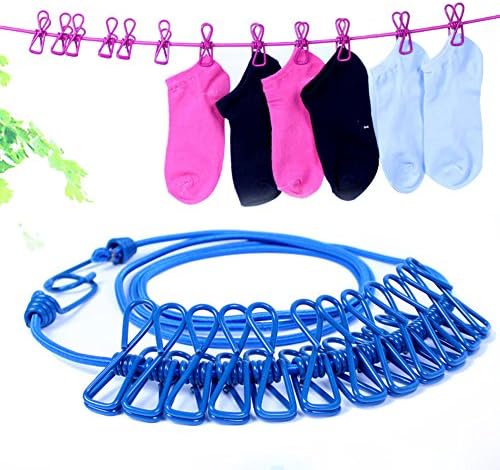 QMSSIC 2 Packs of Portable Stretch Elastic Clothesline Rope with 12pcs Clothespins for Travelling,Camping Outdoors (Blue 2pcs)