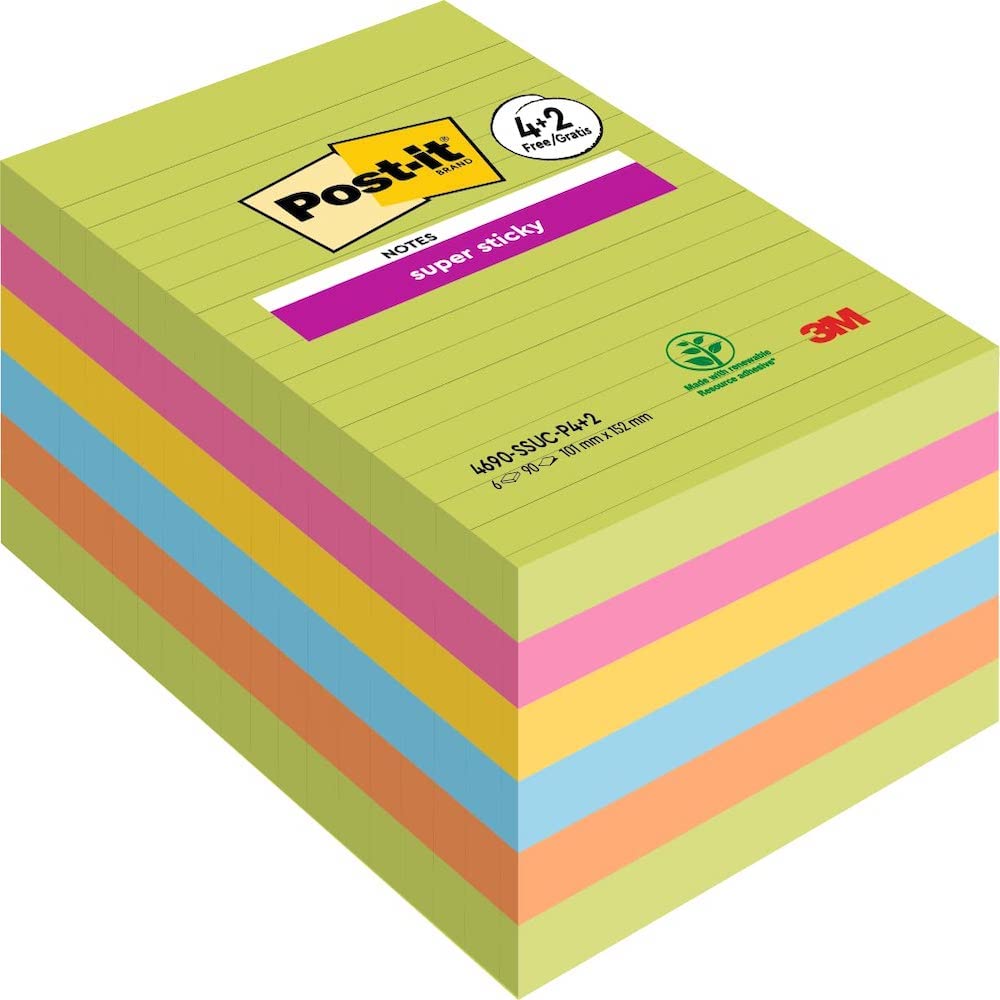 Post-it Super Sticky Large Notes, Lined, 540 Sheets, 101 mm x 152 mm - Holds Strong to Many Surfaces - Bright Colours - For Walls, Monitors and Fridge, Recycable