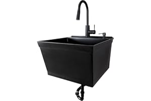 JS Jackson Supplies Tehila Black Wall-Mounted Utility Sink Tub Kit with Black Pull-Down Faucet, Wall-Mounted Utility Tub with Wall Bracket for Laundry Room, Garage, Workshop
