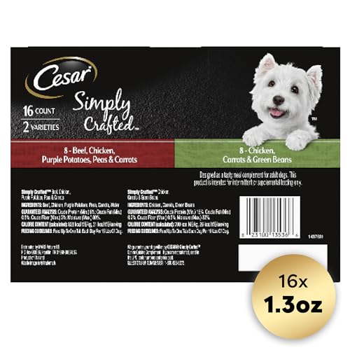 CESAR SIMPLY CRAFTED ADULT WET DOG FOOD MEAL TOPPER, CHICKEN, CARROTS & GREEN BEANS AND BEEF, CHICKEN, PURPLE POTATOES, PEAS & CARROTS VARIETY PACK, 1.3 OZ. (16 COUNT, PACK OF 1)