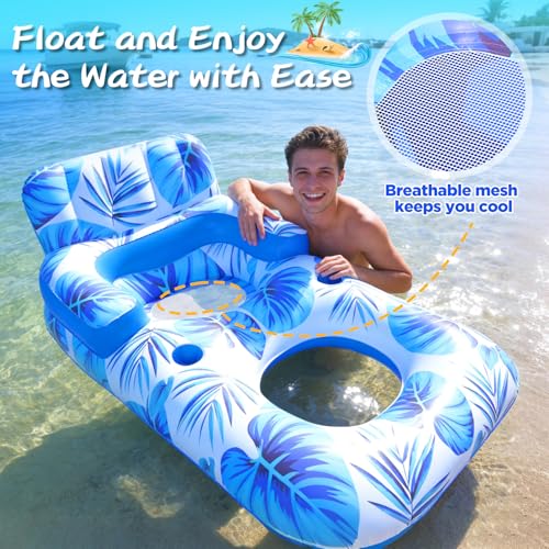 Shinepool Pool Floats Adult, 65" Thicken PVC Inflatable Pool Chair Lounger Rafts with Cup & Phone Holder & Headrest Backrest Footrest, Comfort Pool Floaties for Adults Lake Beach Party Outdoor (1PC)