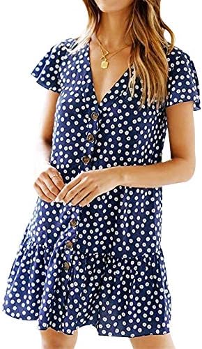 LANREMON Women's Dresses Casual Polka Dot V-Neck Button Down Short Sleeve Ruffles Loose Fit Mini Summer T-Shirt Dress