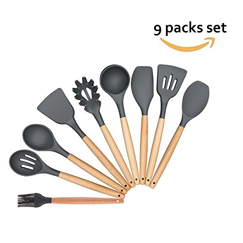 Cooking Utensils Silicone - Kitchen Silicone Utensil Set of 9 Wooden Silicone Kitchen Utensil - Silicone Spatula Set Tools for Cooking - Easy Wash,Grey - Thumbnail 7