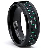 Black Titanium Wedding Band Ring with Black and Green Carbon Fiber inlay, Comfort fit 8mm, Sizes 7 to 13