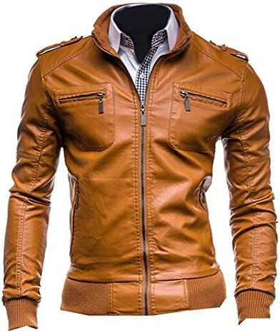 Orlando Johanson New Men's Stand Collar Faux PU Slim Fit with Zip Coat Jacket BrownUS 2X-Large good quality