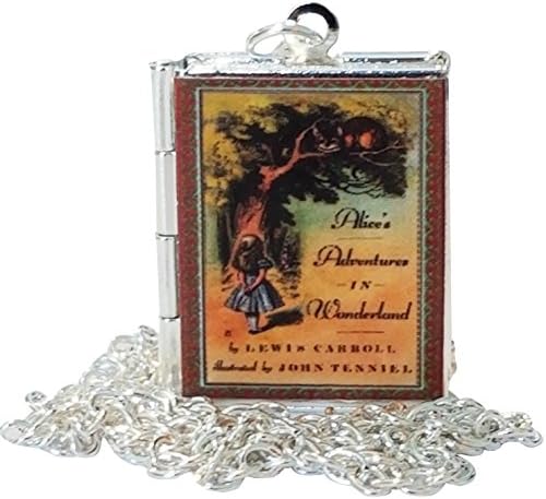 Alice in Wonderland Book Cover Locket Jewelry, Silver, Holds 2 Pictures Necklace With Box Gift Set