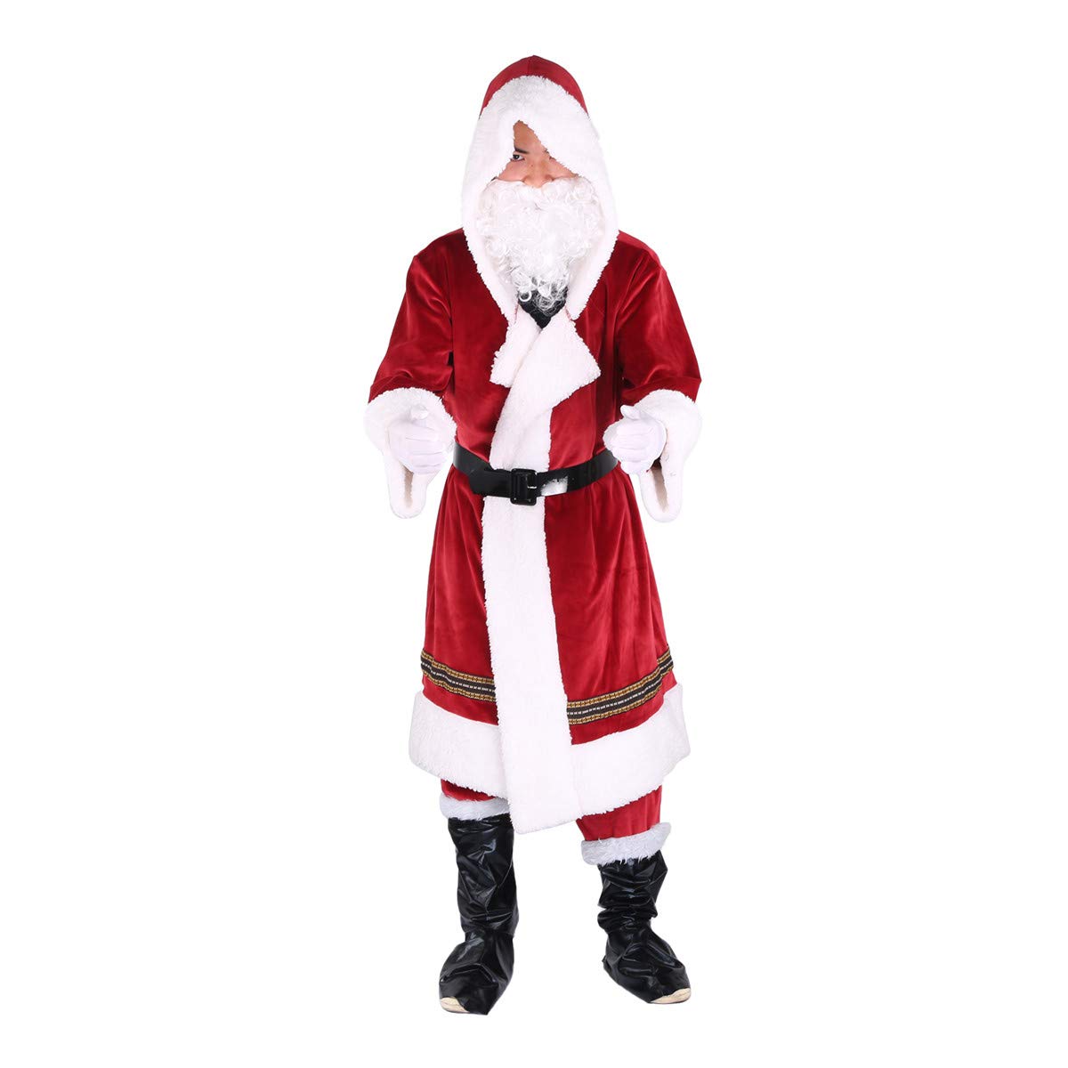 Men Christmas Costume Deluxe Furry Santa Claus Cosplay Outfits with Mask Christmas Hat Suit