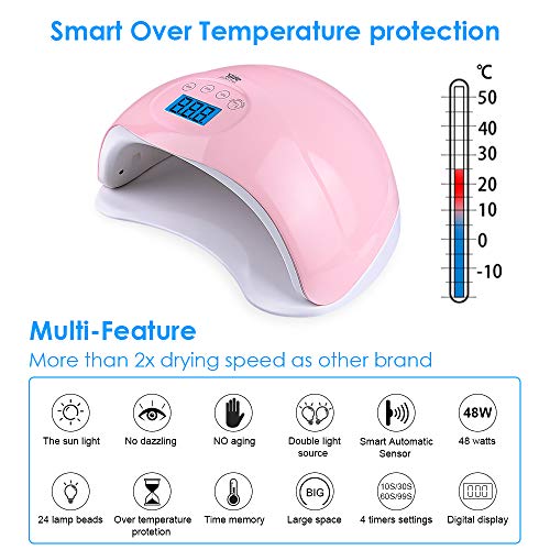 48W UV LED Nail Lamp for Both Hands, Portable Nail Dryer with 4 Timers,Automatic Sensor, LCD Screen,Gel Nail Polish Curing Lamp for Fingernails and Toenails,Pink