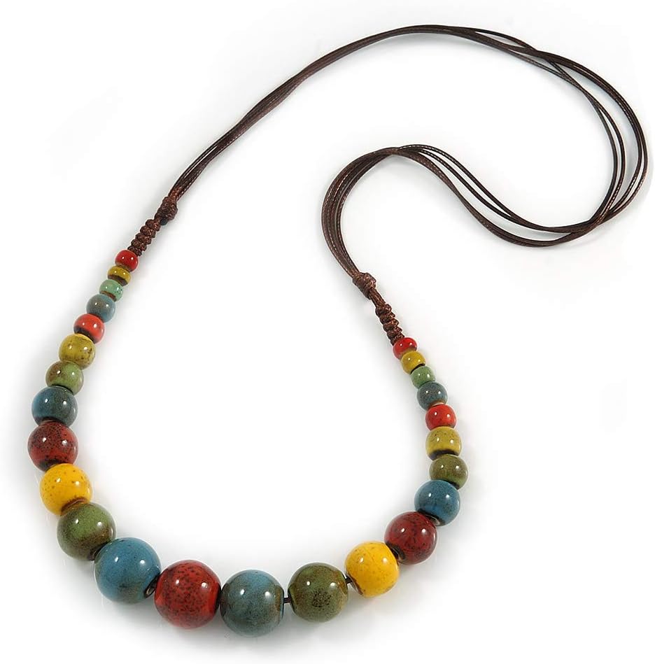 AvalayaMulticoloured Ceramic Bead Brown Silk Cords Necklace - Adjustable - 60cm to 70cm Long