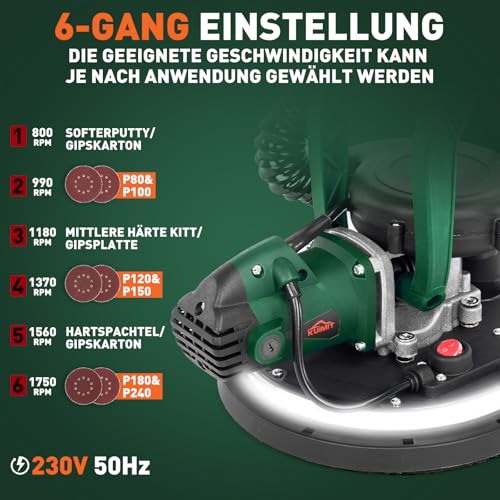 KUIMIT Giraffe Sander 850W, Wall and Ceiling Sander, LED Light Telescopic Handle, 6 Speeds (800-1750rpm), Electric Sander Sander, with Automatic Dusting, 12 Abrasive Discs