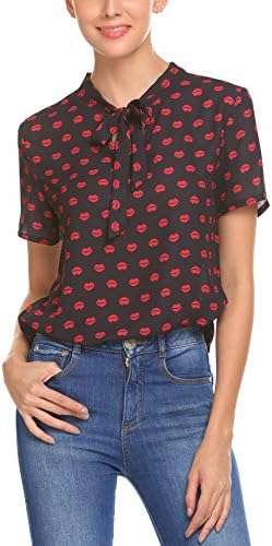 Thinkwell Women Bow Tie Neck Short Sleeve Lip Print Blouse Shirt Tops