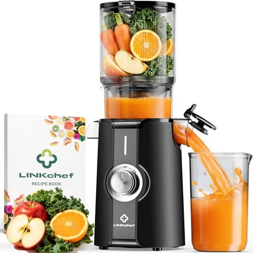 LINKChef Vertical Juicer | Slow Juicer 200W | Wide Mouth 115 mm for Whole Fruit & Vegetable | With Recipe Book, Easy Cleaning, BPA Free, Black