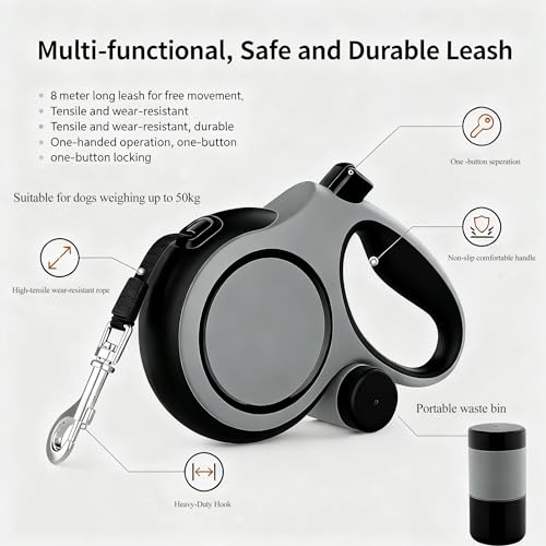 Angel Living Retractable Dog Leash 8 m with Lock Button and Poop Bag - 360° Anti-Twist - Very Strong (up to 50 kg)