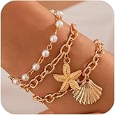 Boho Gold Starfish Sea Shell Pearl Bracelets for Women Trendy, Statement SeaShell Star Beachy Chain Bracelet Beach Ocean Party Holiday Jewelry Gifts