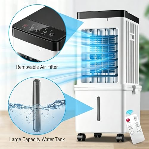 4-in-1 Portable Air Conditioner, Fast Cooling Evaporative Air Cooler, Ultra Quiet with 3 Wind Speeds, 8L Large Water Tank & Remote Control, Air Conditioner Portable for Home Bedroom Office