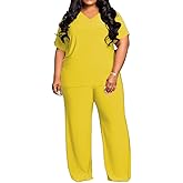 TOPSRANI Womens Plus Size Lounge Set V-Neck 2 Piece Outfits Sweatsuits Tracksuit Short Sleeve Baggy Wide Leg Pant Sets