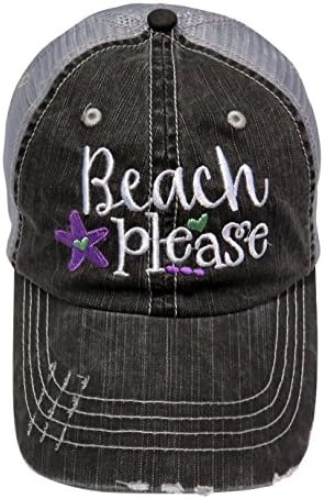 Embroidered "Beach Please" Distressed Look Grey Trucker Cap Hat (Purple)