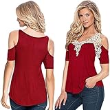 Gotd Women Summer Lace Top Short Sleeve Blouse Ladies Casual Tops T-Shirt Tee (L, Red)