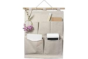 KINGREE Over The Door Magazine Storage Pockets, Wall Door Closet Hanging Storage Bag Organizer, (5 Pockets-Nature)