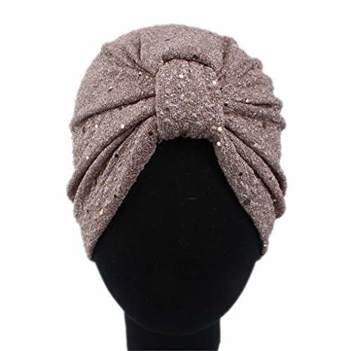 SUKEQ Twist Pleated Ruffle Turban Hat Sparkly Sequin Stretch Hair Wrap Chemo Cap Scarf Headwear for Cancer Patients (Gray)