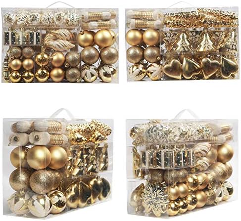 dansen 72ct Christmas Balls Assorted Shatterproof Christmas Ornaments Set Decorative Baubles Pendants with Reusable Hand-held Gift Package for Xmas Tree, Holiday and Party (Rose Gold) (Gold)
