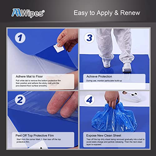 AAwipes Sticky Mat Tacky Pads Adhesive 24" x 36" 5 Packs, 30 Sheets/Packs, 150 Sheets Total Blue Cleanroom Floor Mats Remove Dirt for Laboratory Construction Hospital Shoes