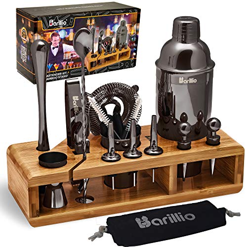 Black 23-Piece Bartender Kit Cocktail Shaker Set by BARILLIO: Stainless Steel Bar Tools With Sleek Bamboo Stand, Velvet Carry Bag & Recipes Booklet | Ultimate Drink Mixing Adventure