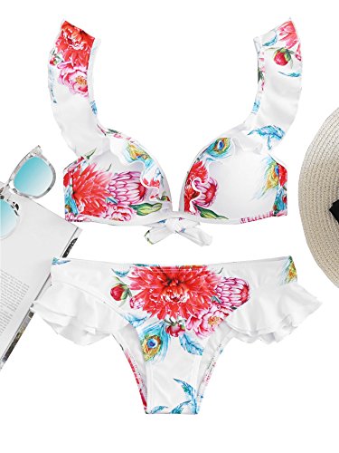 SOLYHUX Women's Flower Print Ruffle Strap Bikini Set White L - Thumbnail 4
