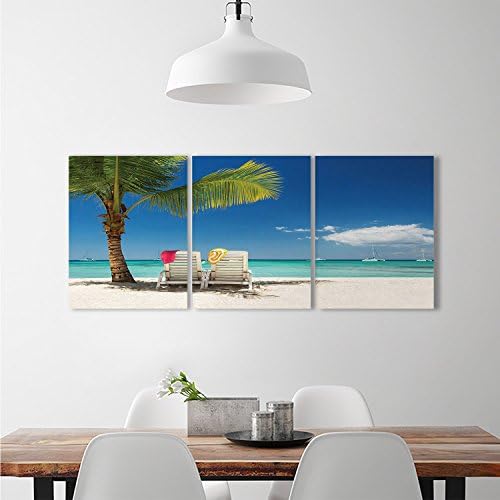 djidliyz8 Seaside union stickers Relaxing Scene on Remote Beach with Palm Treecustomize wall stickers Chairs And Boats Panoramic Picture