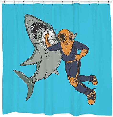 Sharp Shirter Cool Shark Shower Curtain Set Nautical Decor Bright Blue Fabric Retro Comic Style Ocean Theme Bathroom…