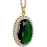 RIZILIA Lady Fashion Jewellry 1 Oval Cut Simulated Green Emerald Gem 18K Gold Plated Pendant Necklace
