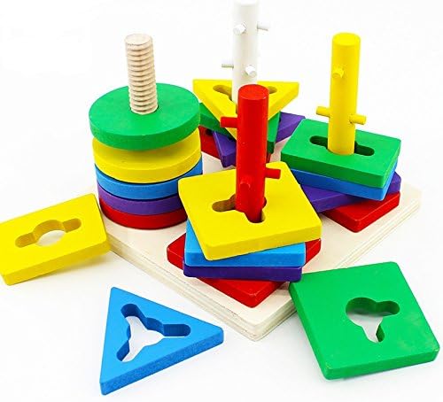 Stonepack Colorful Recognition Geometric Board Block Stack Wooden Educational Preschool Shape Sort Chunky Puzzle Toys, Christmas Gift Toy for Kids Children Baby Toddler Boy Girl