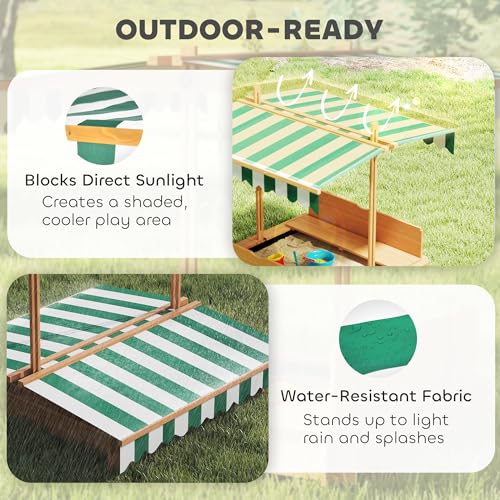 Outsunny Kids Wooden Sandbox w/Adjustable, retractible Canopy & Foldable Bench Seats for 3-7 Years Old, Light Brown