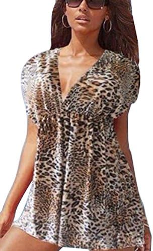 Sexy V-neck Bikini Cover Up Short Sleeve Beach Dress Beachwear (Coffee leopard-print)