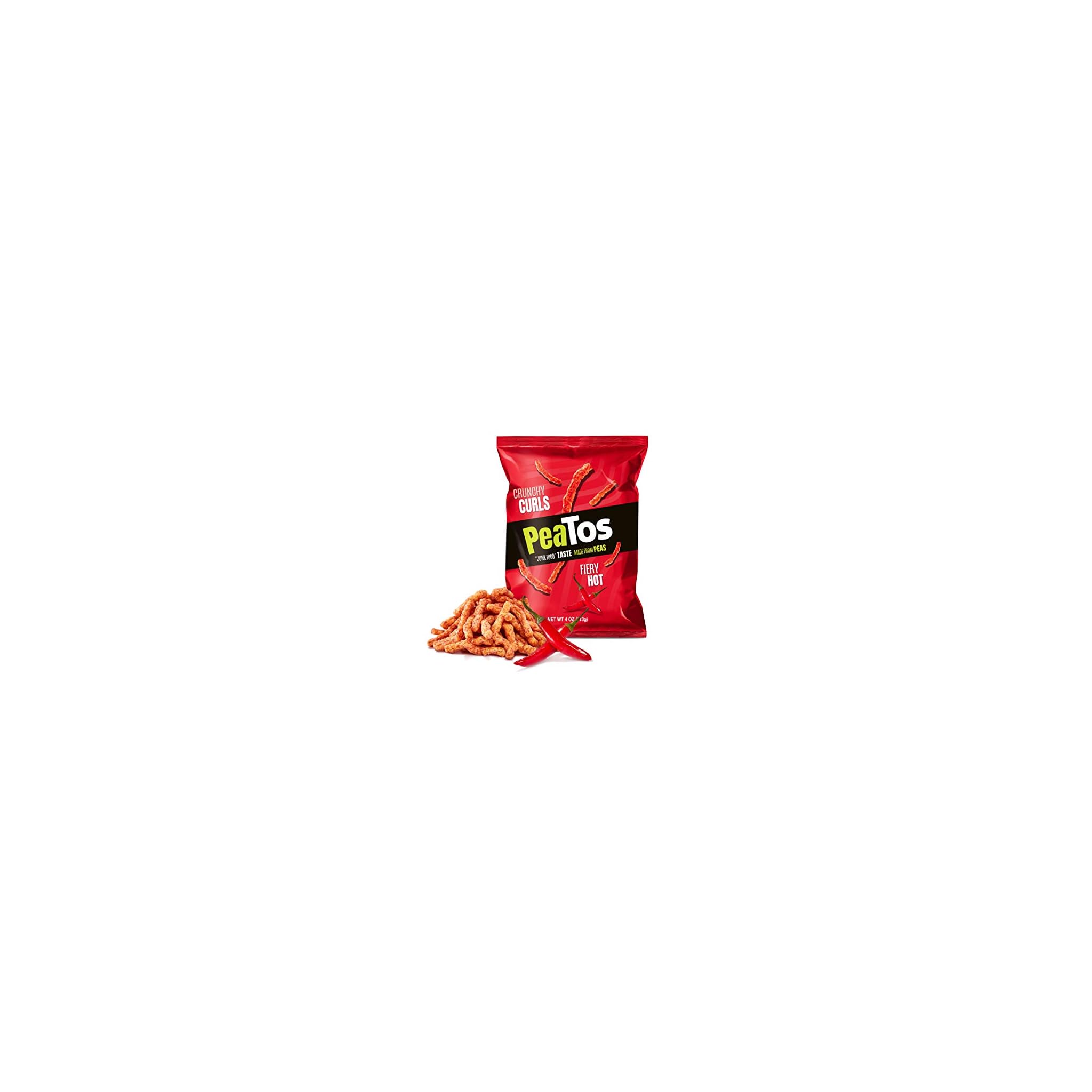 PeaTos Crunchy Hot Curls, Fiery Hot, 4 Ounce (4 Count), Junk Food Taste