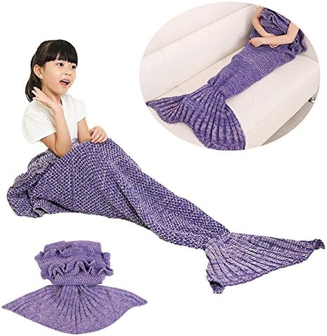 Jely Mermaid Blankets for Girls, Knitted Handcraft Mermaid Tail Blanket, Crochet Blanket Mermaid Sleeping Bag for Kids All Seasons, 135cmX65cm(53"x26"), Purple