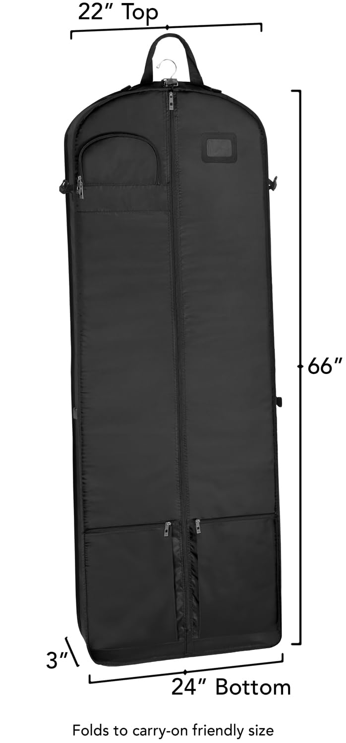 WallyBags 66” Premium Tri-Fold Carry On Destination Wedding Dress Travel Garment Bag with multiple pockets and shoulder strap