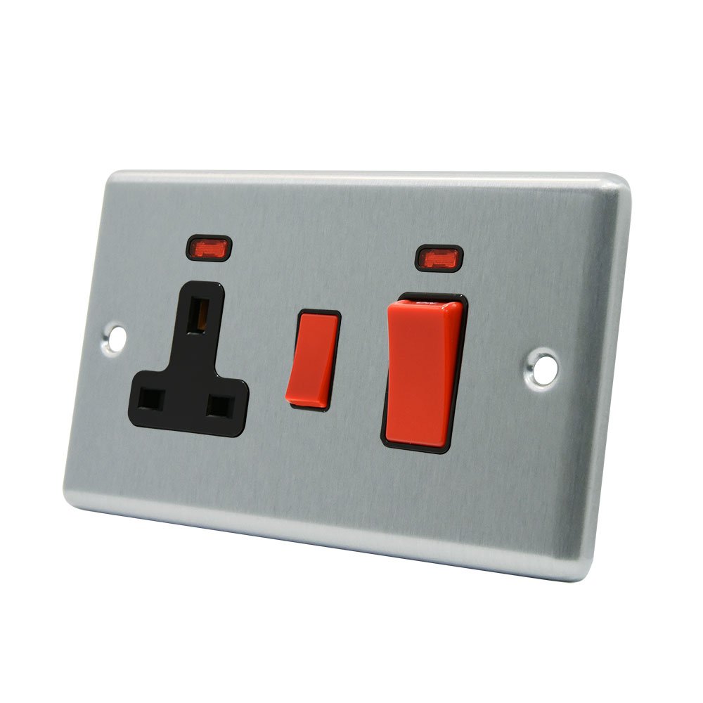 AET CSCCC2NBL 45 A 2-Gang Satin Finish Chrome Classical Black Insert Cooker Control Unit Switch with 13 A Switched Plug Socket and Neon Indicators