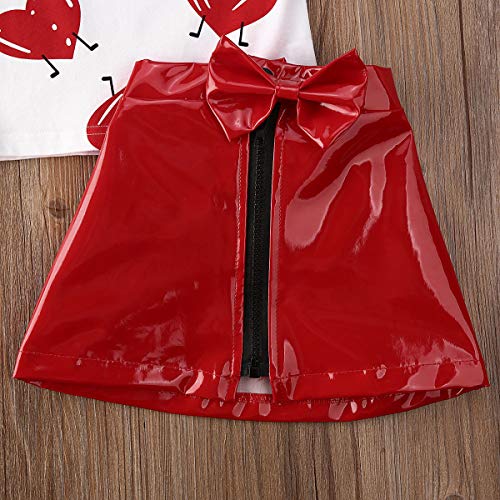 6M-5Y Valentine's Day Outfit Baby Girl Love Heart T-Shirt Top+Zipper Leather Skirt Mini Dress Clothes Set (Red, 6-12 Months)