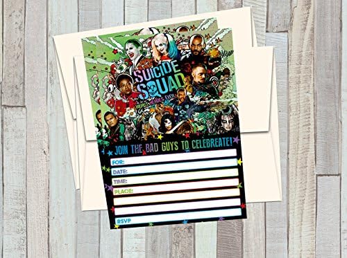 12 SUICIDE SQUAD Birthday Invitations (12 5x7in Cards, 12 matching white envelopes)