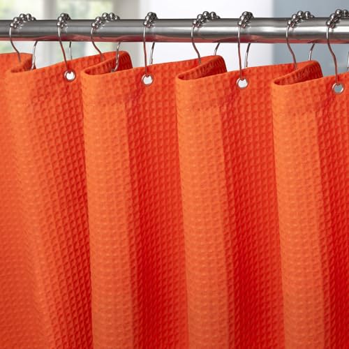 Waffel Duschvorhang Mit Metall Duschvorhangringe Stoff Textil Badewannenvorhang Anti Schimmel Bad Vorhang Set Wasserdicht Badewanne Vorhang Schwerer Shower Curtain Badezimmer - 182 X 214Cm (Orange)