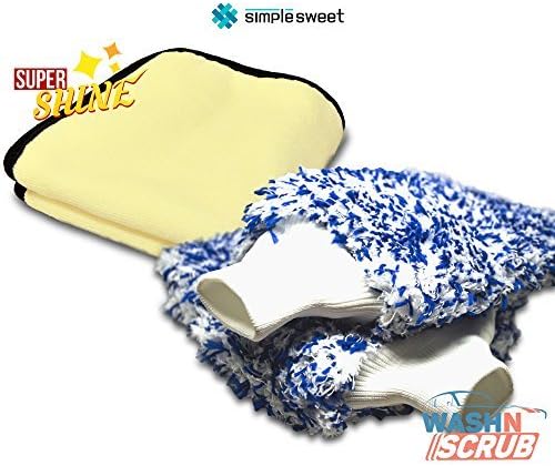 (2PK with Bonus) Microfiber Car Wash Large Cleaning Mitt, Premium Korean Yarn, Different from Chemical Guys / Mothers / Meguiars Chenille Lambswool Washing Sponge Glove for Car, SimpleSweet Wash Scrub