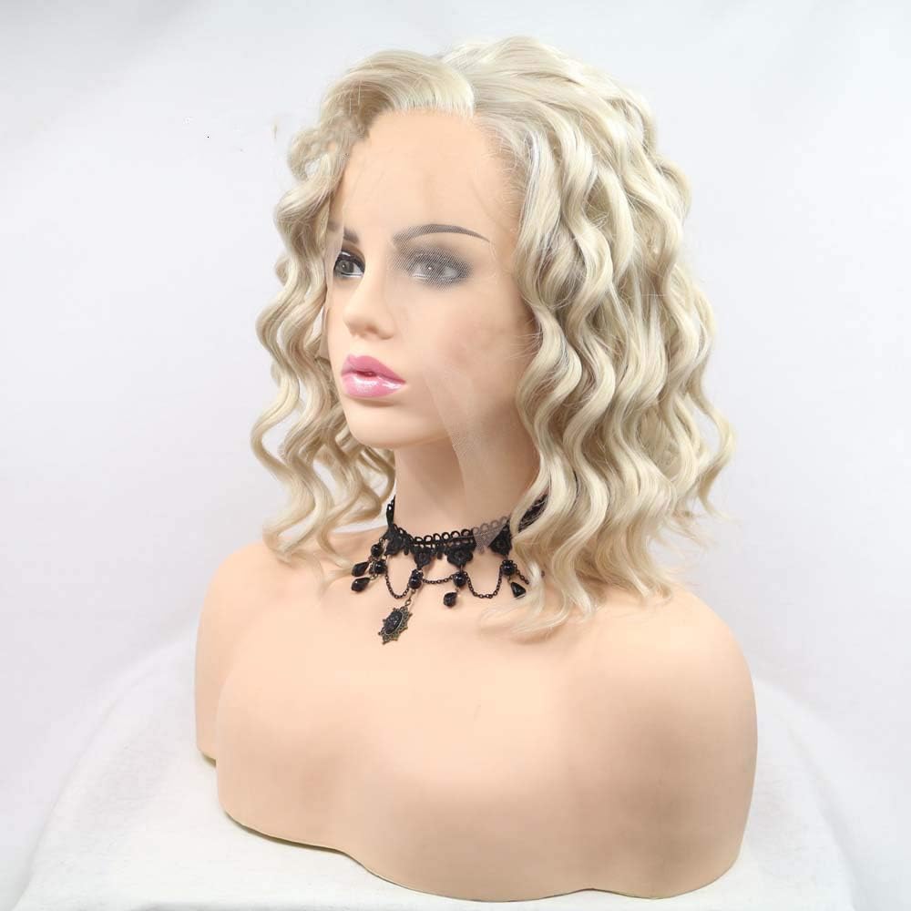 Xiweiya Wigs Mixed Blonde Wig Bob Wig Short Curly Synthetic Blonde Lace Front Wigs Side Parting Heat Resistant Fiber Women Hair 14"